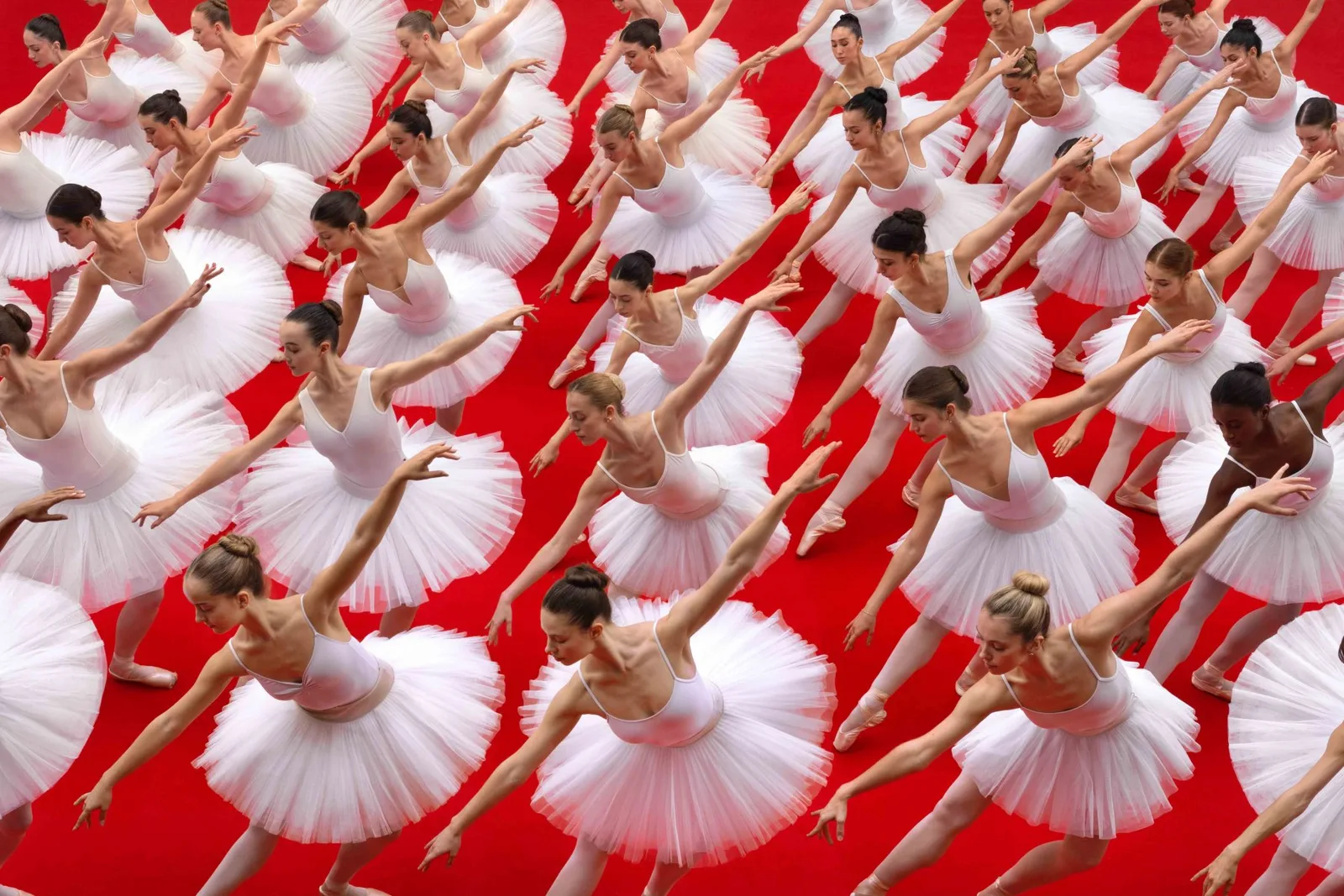 Ballet dancers form an expressive pattern in an aerial photograph by Brad Walls