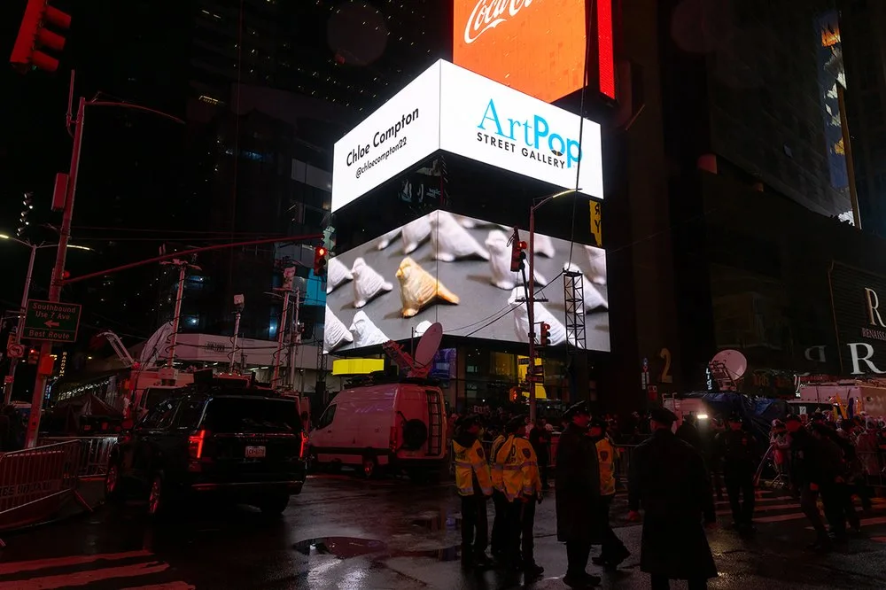 A Times Square digital billboard displays an ArtPop Street Gallery artist presentation at night