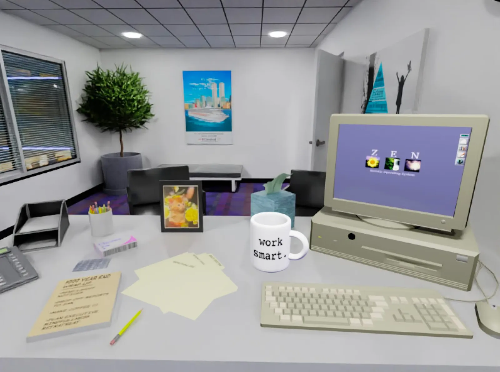 In-game view of an office desk.