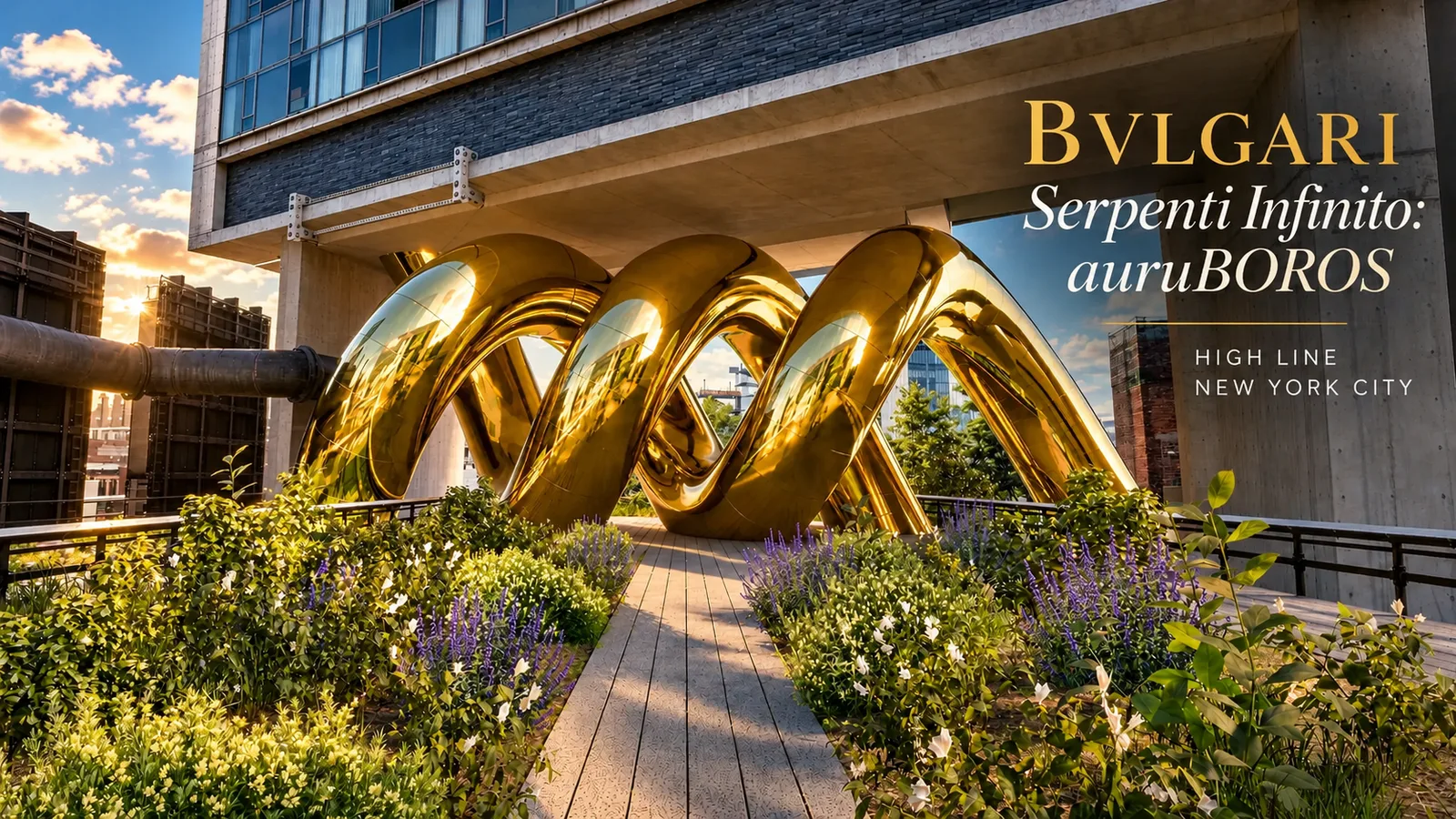Bvlgari’s reflective gold auruBOROS coils beneath The Standard and the High Line as yellow taxis cross the street in front