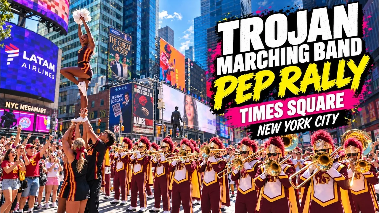 A USC Song Leader is lifted beside the Trojan Marching Band in cardinal-and-gold uniforms beneath Times Square billboards, with a Trojan Marching Band pep rally title graphic