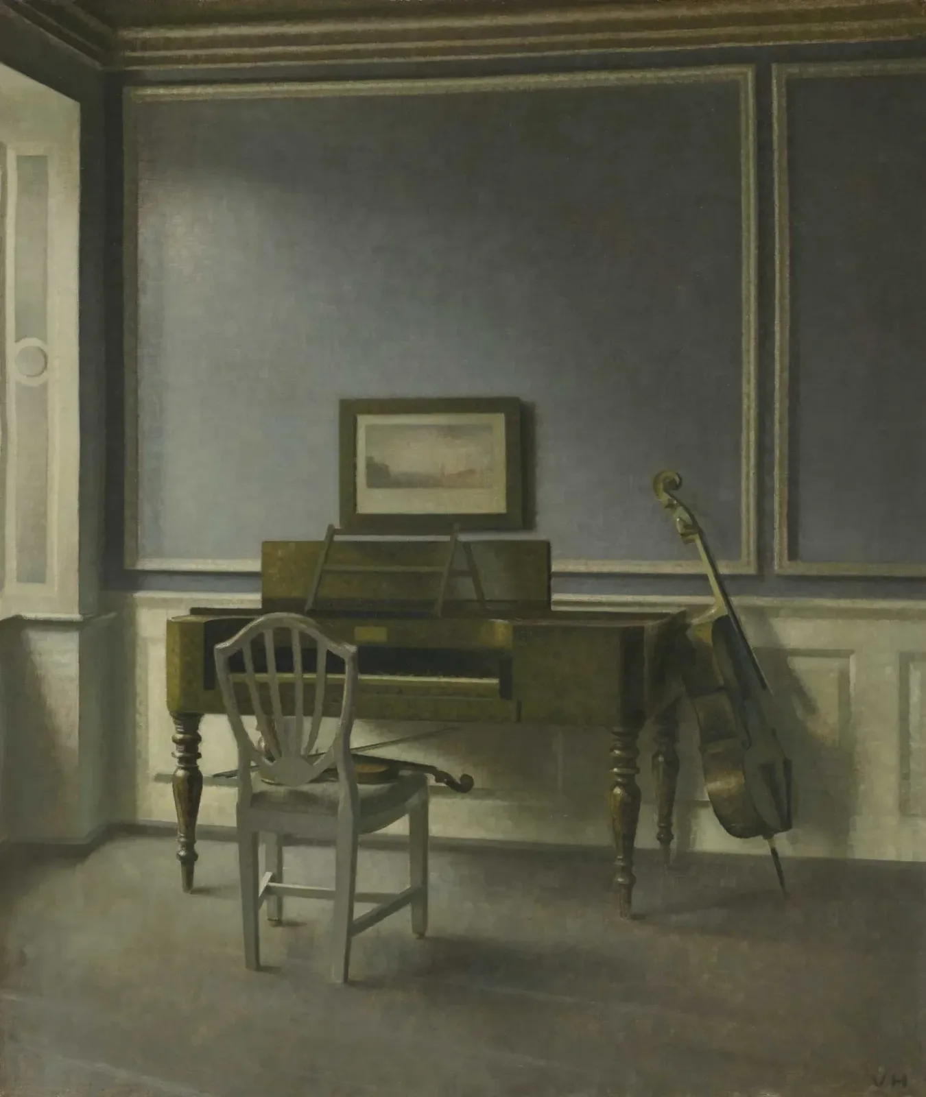 painting of room interior with piano, chair and stringed instruments