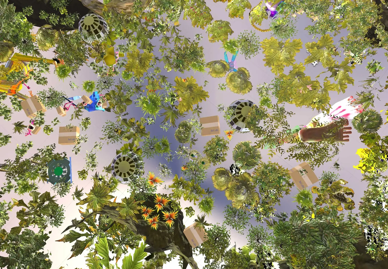 Digitally rendered view of plants, leaves, cardboard boxes, and other detritus scattered across a light purple and grey sky.