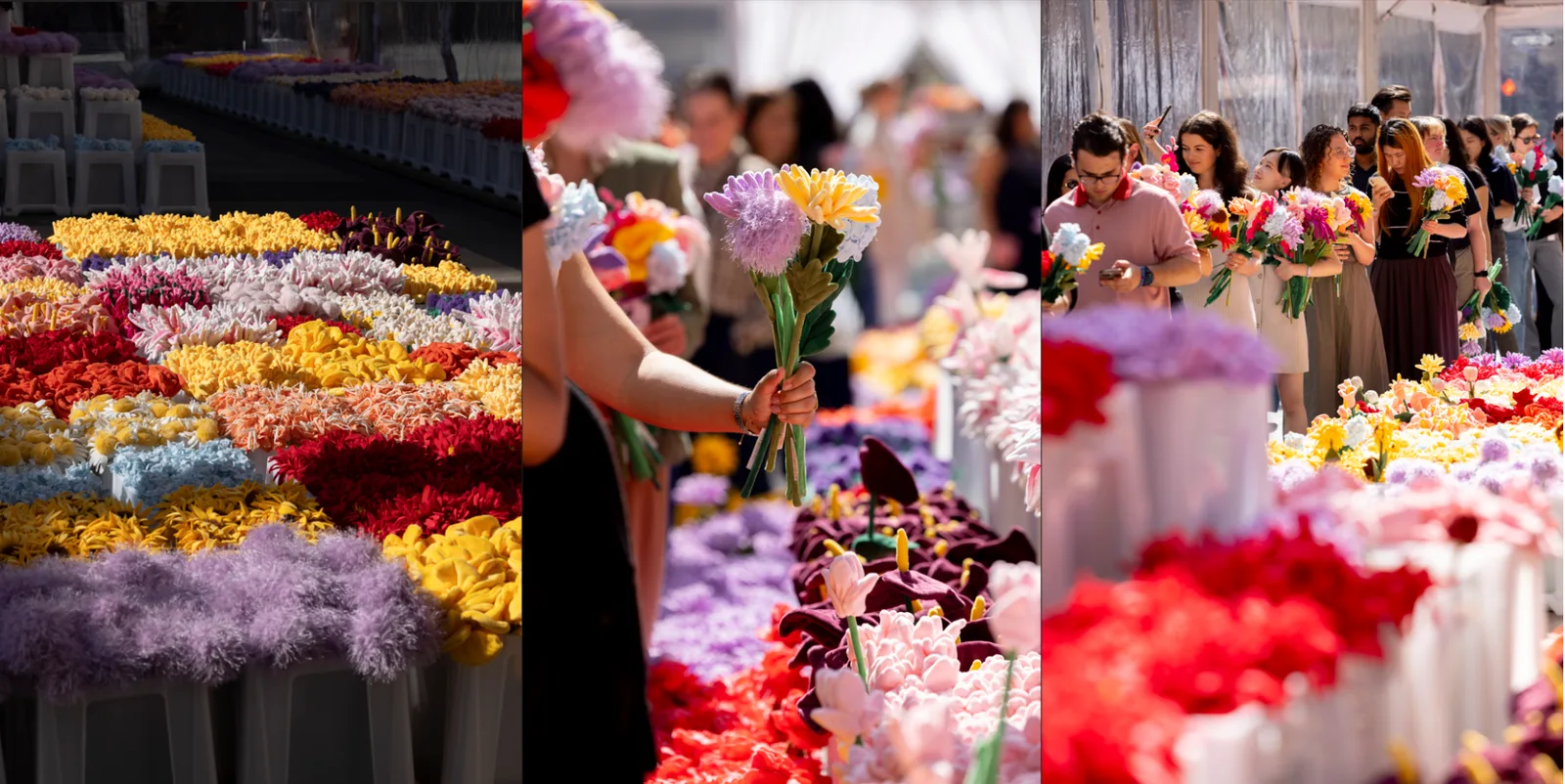 Crowds and colorful plush flowers fill Center Plaza at Rockefeller Center
