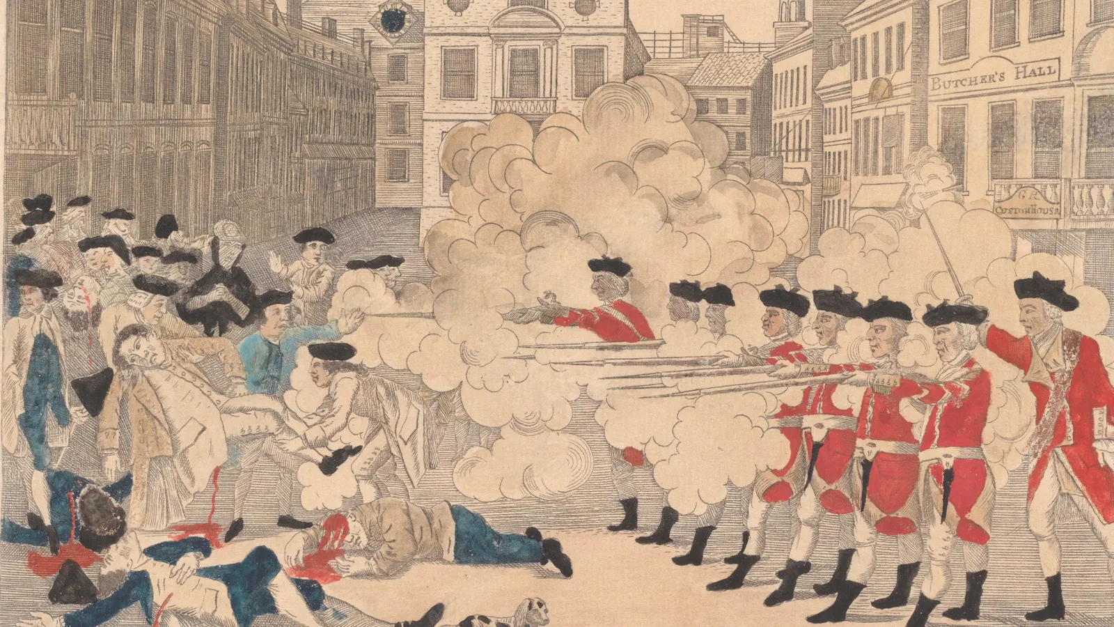 Illustration of active battle between two sides. One side in red and the other in blue. Guns drawns and wounded bodies.