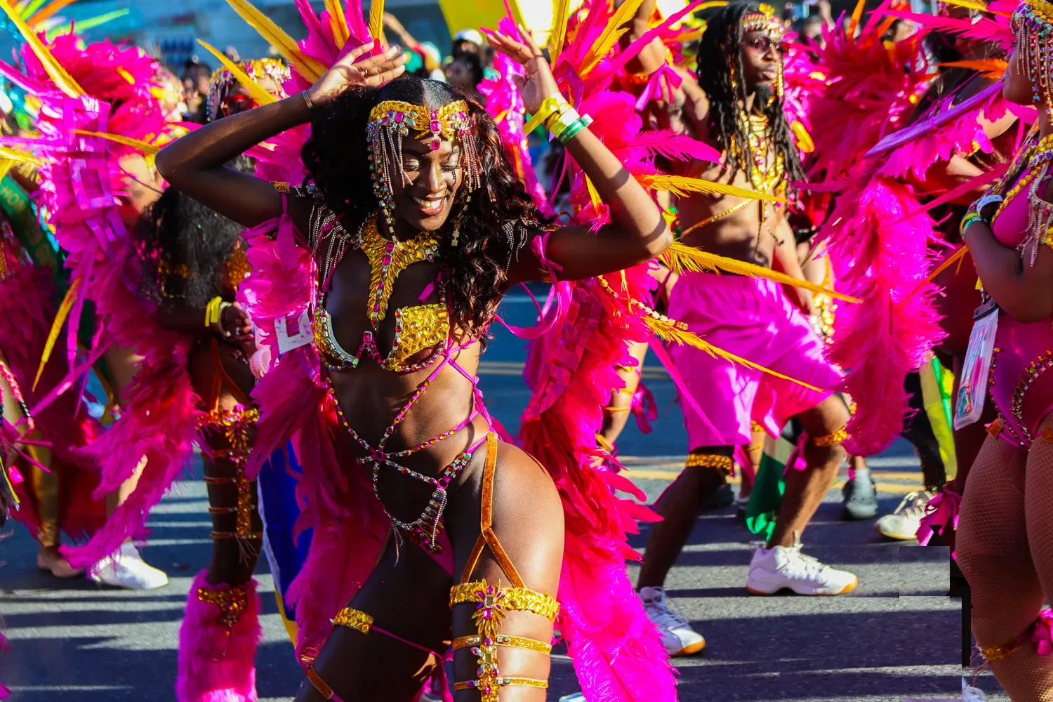 A masquerader in a vivid pink feathered costume dances with a band on Eastern Parkway