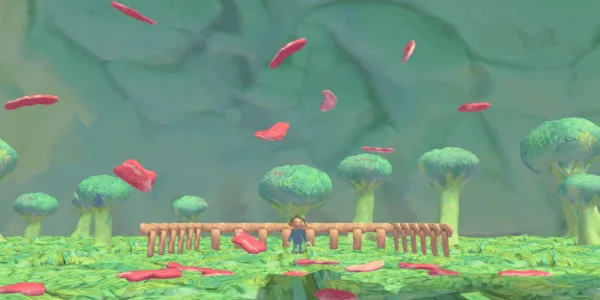 an image that shows a clay human figure in a greenish landscape with broccoli trees and meat floating in the air