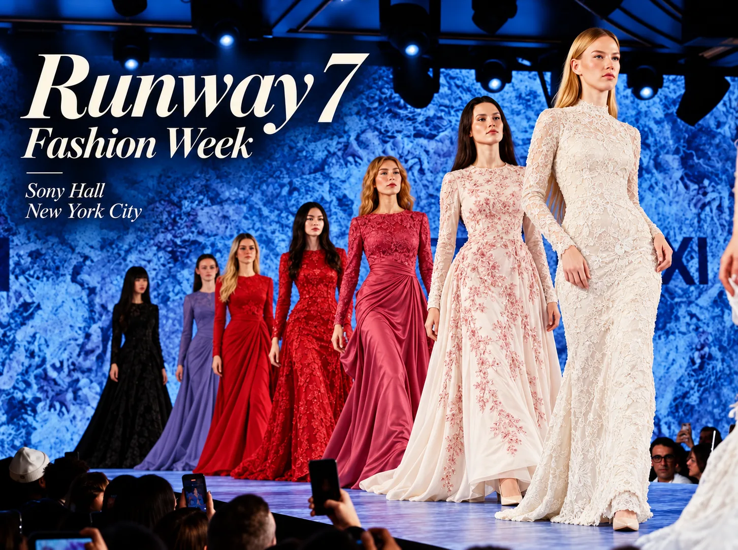 Seven models in black, lavender, red, rose and white gowns walk a blue-lit runway beneath Runway 7 Fashion Week signage.