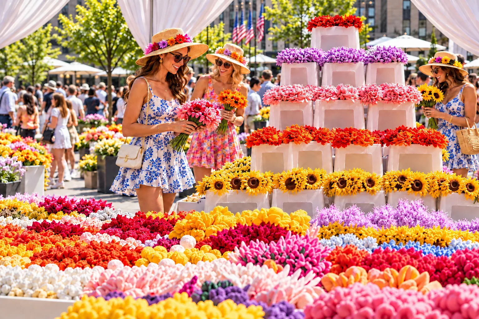 Visitors choose brightly colored plush flowers arranged across a market display in Rockefeller Center Plaza.
