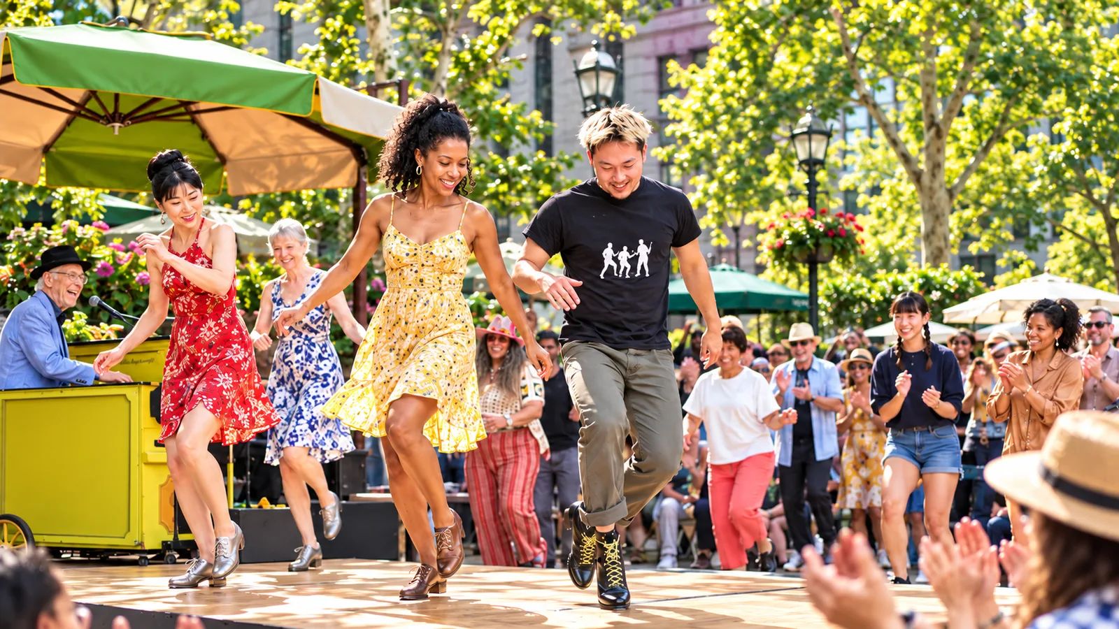 Dancers on an outdoor stage beside a yellow piano, with an audience gathered around them.