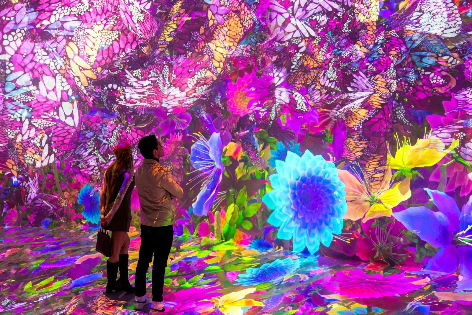 Two visitors stand inside a room covered with vivid projected flowers and butterflies