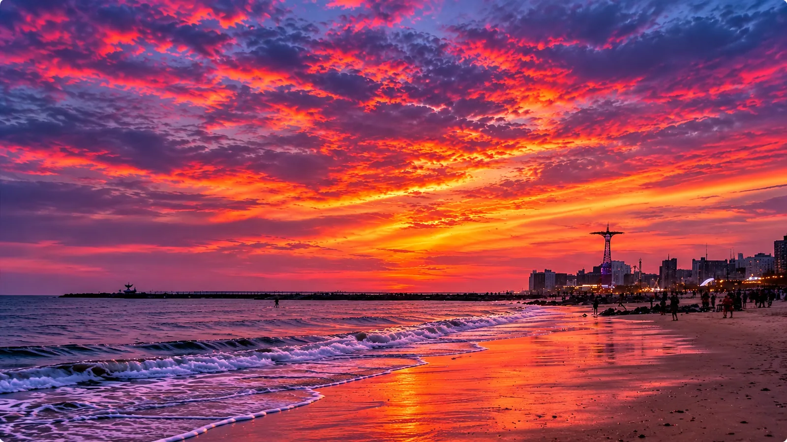 Pink sunset over Coney Island
