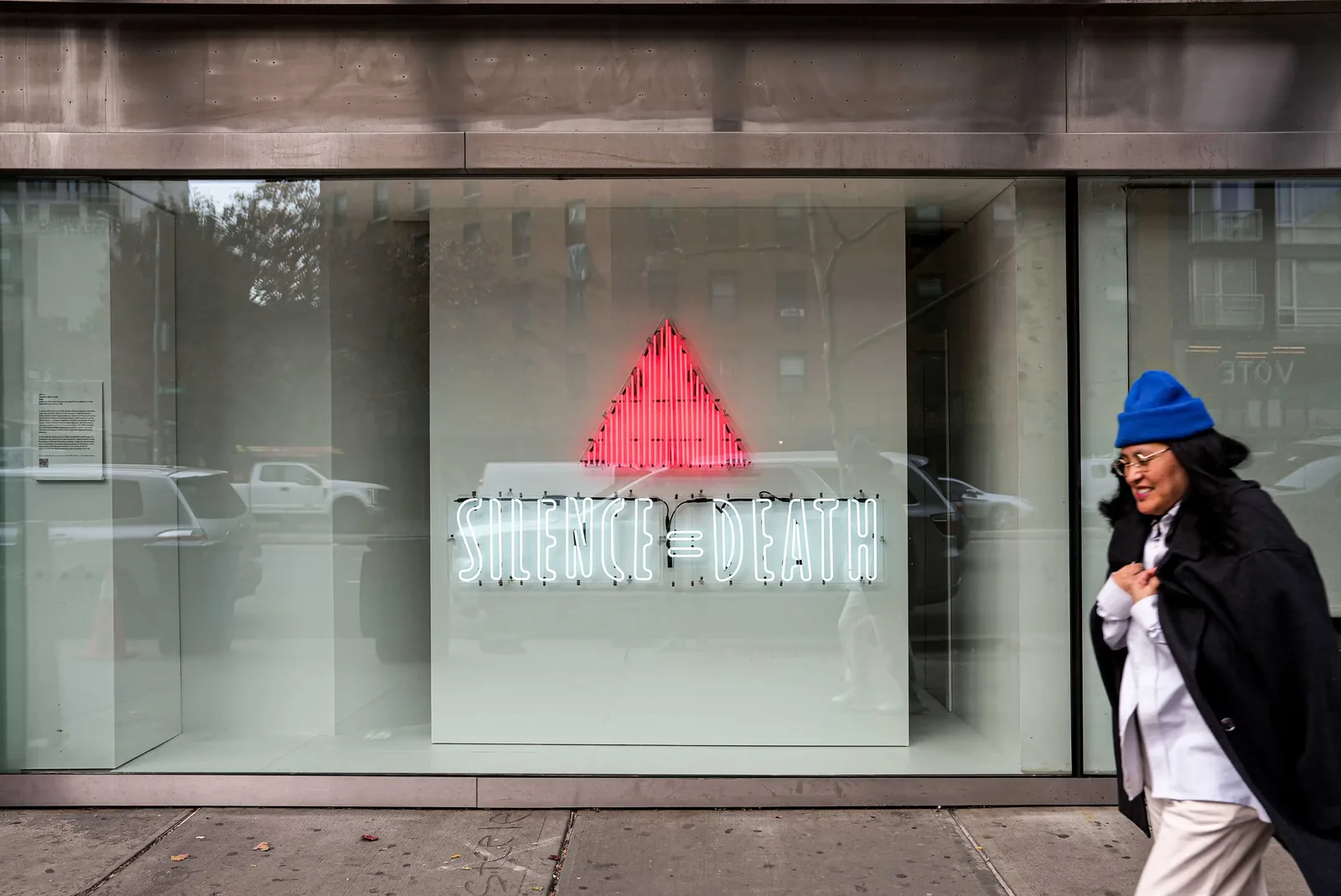 Street view of a 2024 window installation of SILENCE=DEATH.