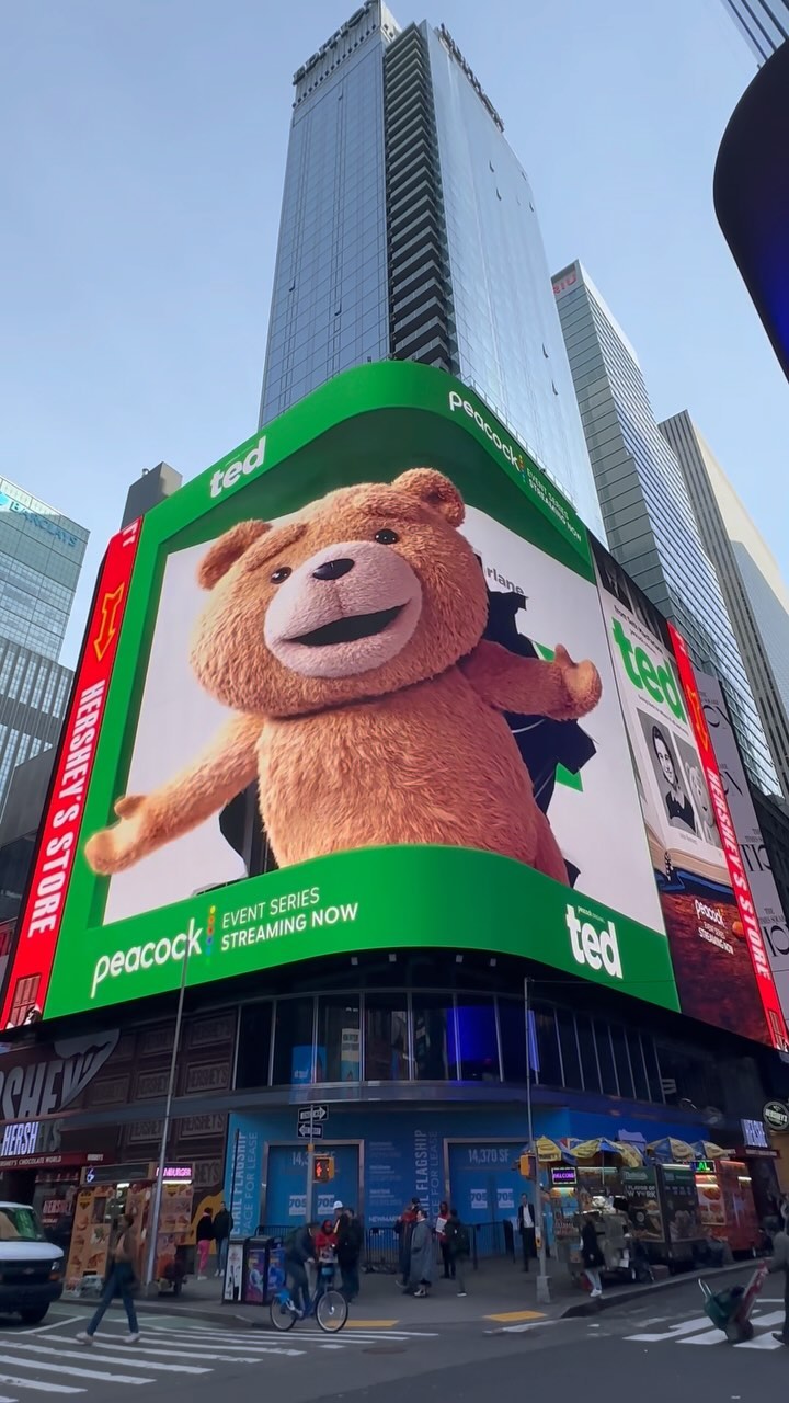 @ted.series , a comedy TV show created by @macfarlaneseth , premiered on @peacock To promote the show, a 3D billboard featuring Ted was displayed in @timessquarenyc Instagram preview