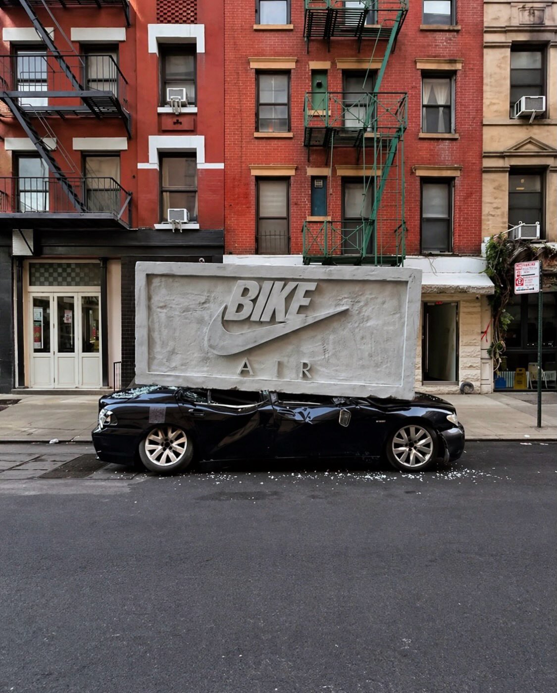 A massive concrete “Brick” installation crushed a parked BMW, a part of pro bmx rider Nigel Sylvester’s ( @nigelsylvester ) rollout for his upcoming Air Jordan 4 “Brick After Brick.” Instagram preview