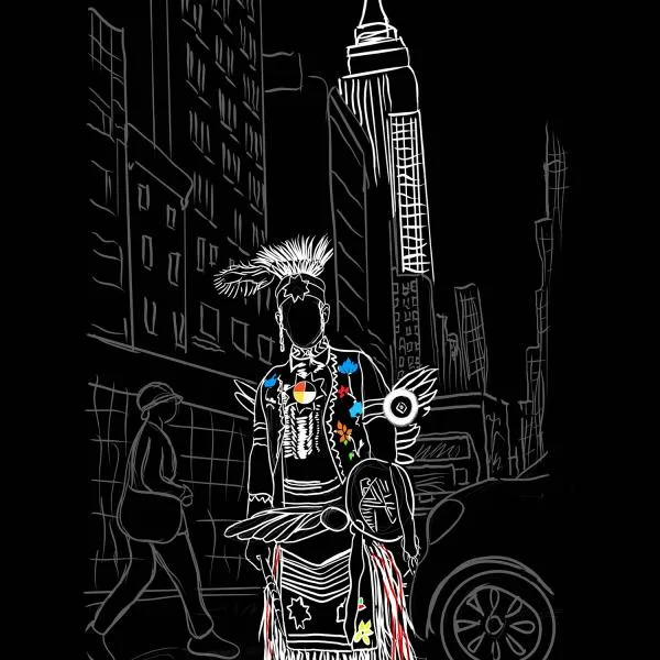 A white line drawing against a black background by artist June Lee Van Dunk