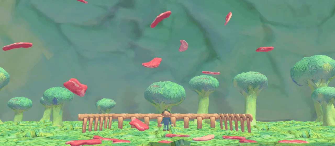 an image that shows a clay human figure in a greenish landscape with broccoli trees and meat floating in the air