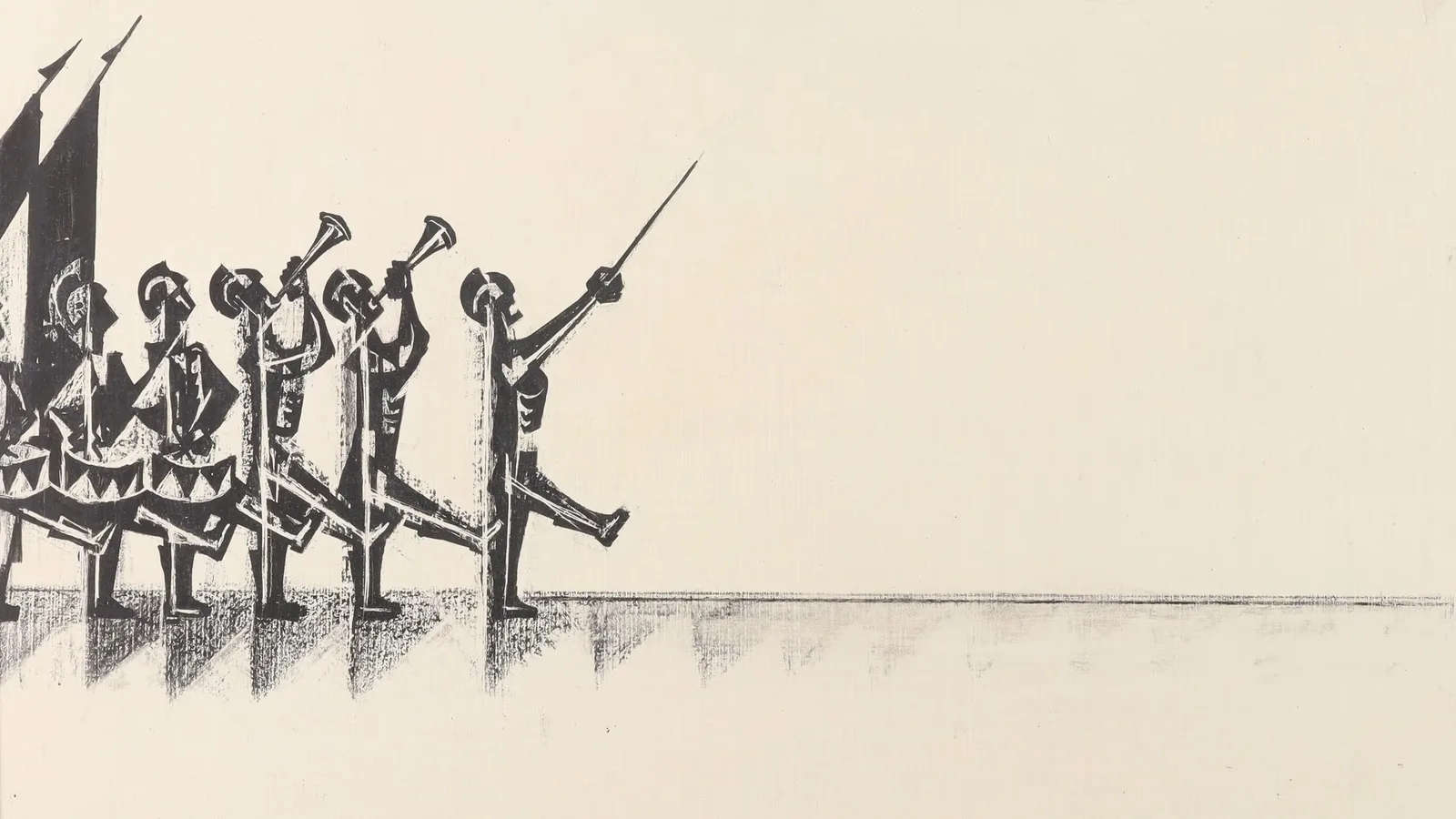 A black and white illustration of six stylized figures in a line, marching to the right. Four play trumpets, one has a drum, and one leads with a baton.