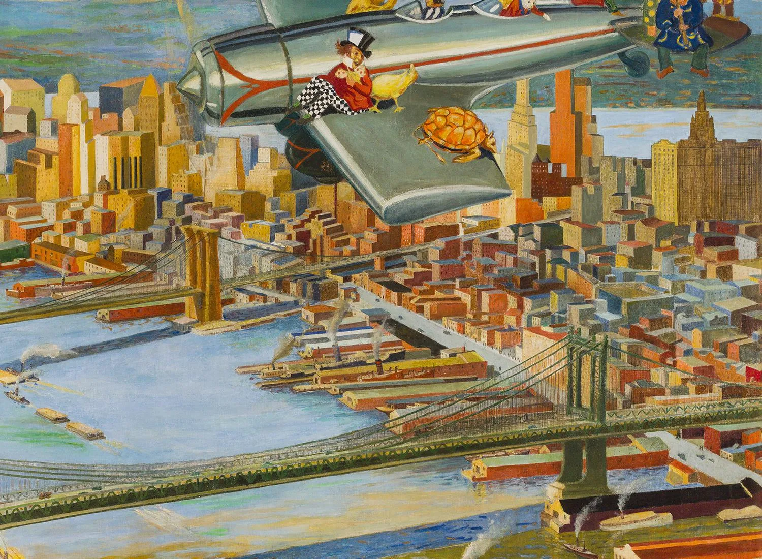 Characters from Alice in Wonderland flying over Manhattan in a small airplane