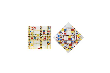 From left: Piet Mondrian. Broadway Boogie Woogie. 1942–43. Oil on canvas, 50 × 50" (127 × 127 cm). The Museum of Modern Art, New York. Given anonymously; Piet Mondrian. Victory Boogie Woogie. 1942–44. Oil, colored paper, and tape on canvas, 50 × 50" (127 × 127 cm). Collection Cultural Heritage Agency of the Netherlands