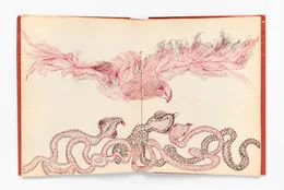 Unica Zürn, artist and author. Orakel und Spektakel, IV. Buch: Anagramme und Zeichnungen (Oracle and Spectacle, Book IV: Anagrams and Drawings). 1960. Book with ink, colored ink, pencil, torn-and-pasted paper, dried plant material, feathers, envelopes, playing card, embroidery-thread winder, and thread; pamphlet binding with red paper wrapper over paper cover with ink on torn- and cut-and-pasted papers, pages: 12 13/16 × 9 13/16" (32.5 × 25 cm). The Museum of Modern Art, New York. Gift of Helen and Sam Zell. Photo: Ben Blackwell. © Verlag Brinkmann &amp; Bose, Berlin, Germany