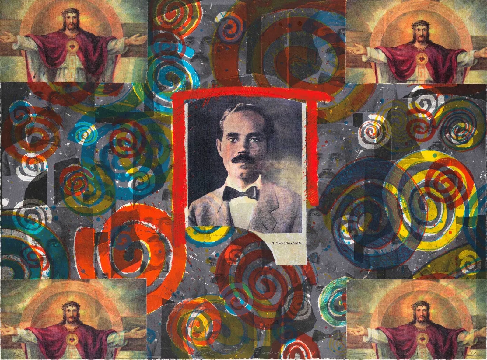 A framed vintage portrait of a mustached man surrounded by colorful spirals and repeated Jesus images.