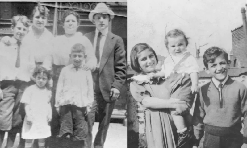 Two black-and-white vintage photos side by side. Left: a group of six people posing outdoors. Right: a woman holds a baby beside a smiling boy.