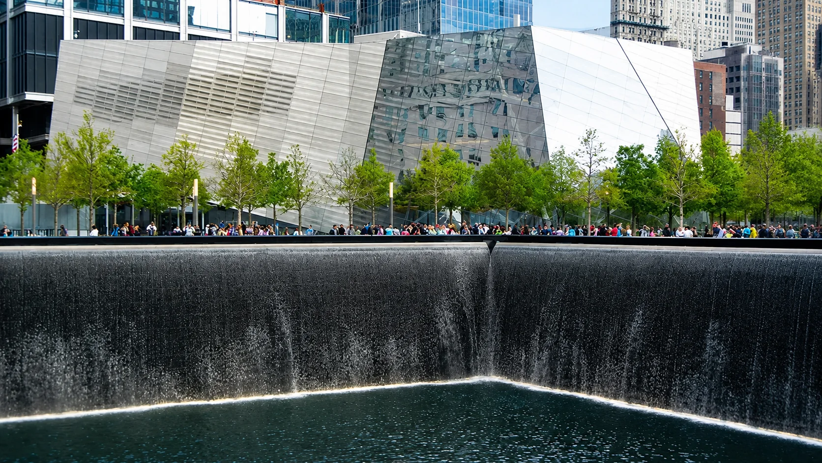9/11 Memorial reflecting pool and museum pavilion in Lower Manhattan