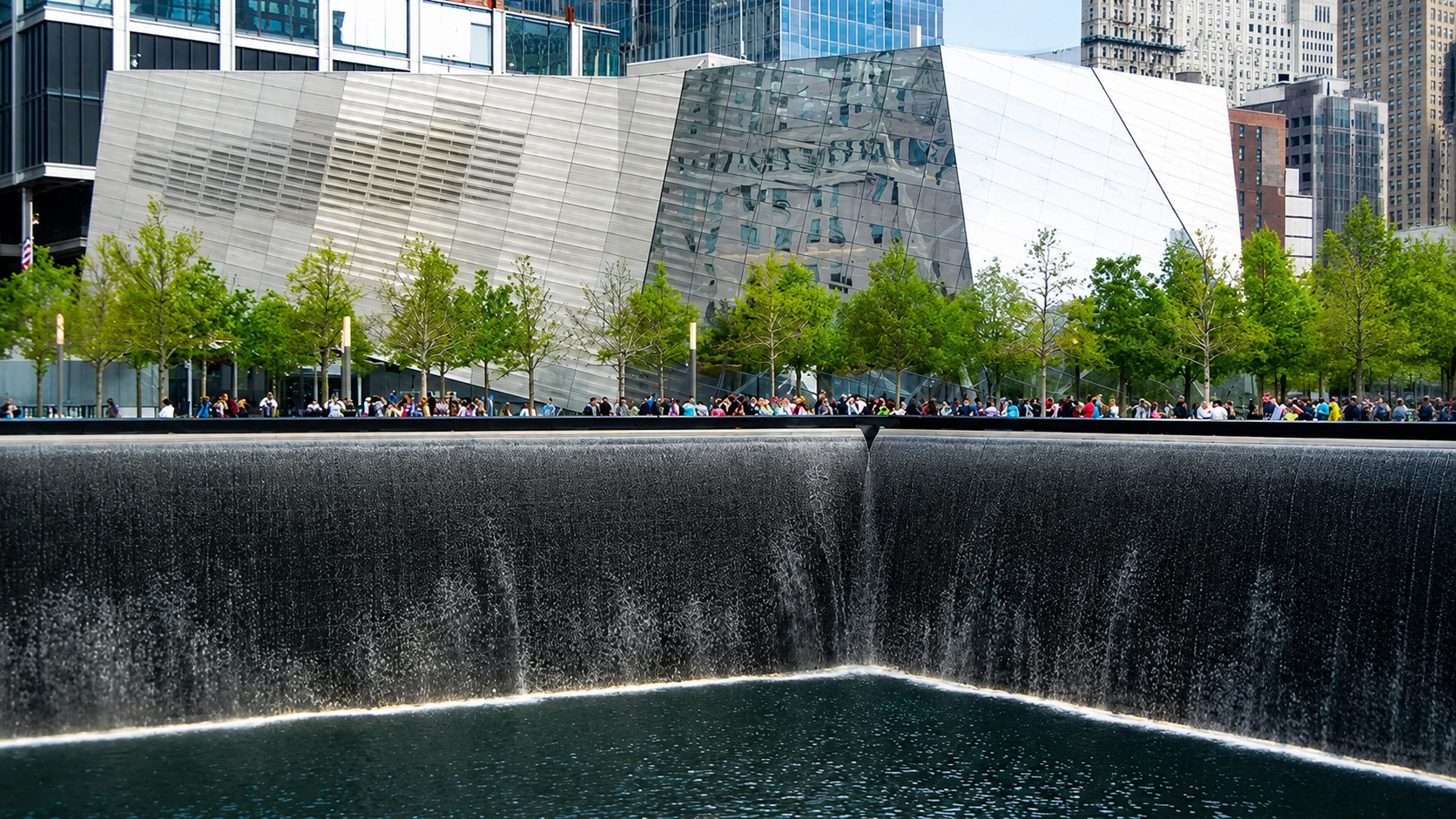 9/11 Memorial reflecting pool and museum pavilion in Lower Manhattan
